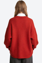 Women's Crew Neck Vertical Knit Lantern Sleeve Casual Sweater