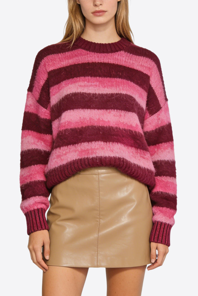 Women's Crew Neck Color-Block Stripe Loose Casual Sweater