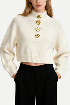 Women's Turtleneck Metal Button Decor Loose Sweater