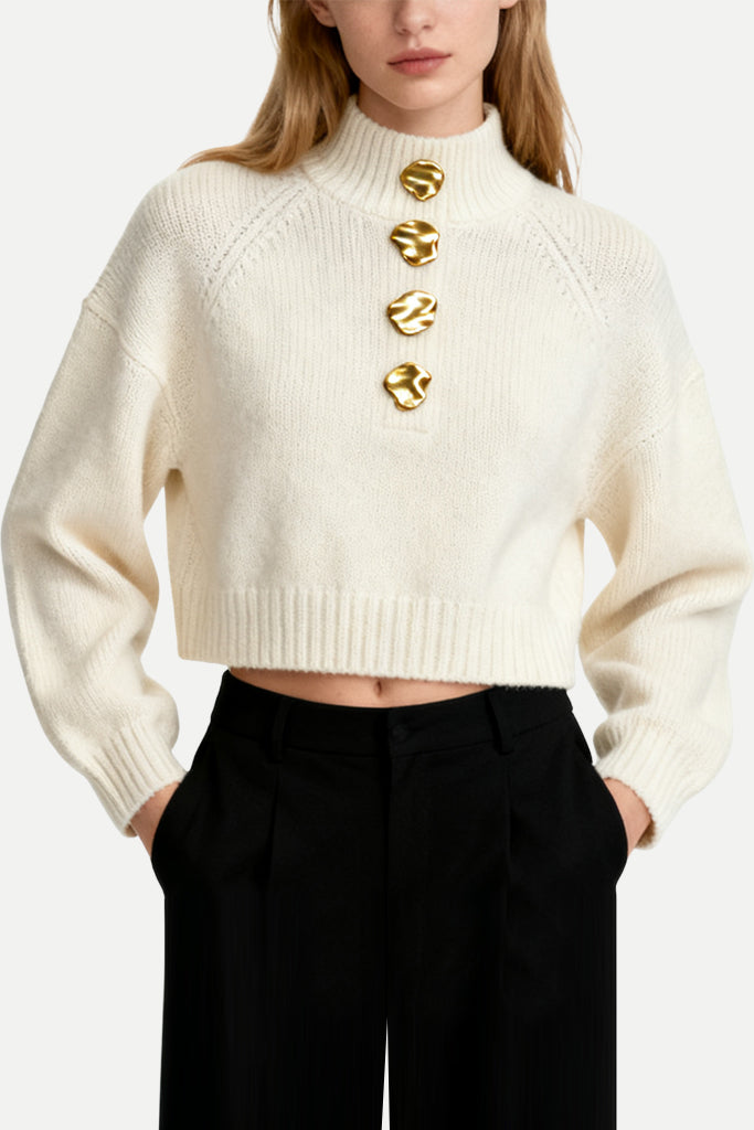 Women's Turtleneck Metal Button Decor Loose Sweater