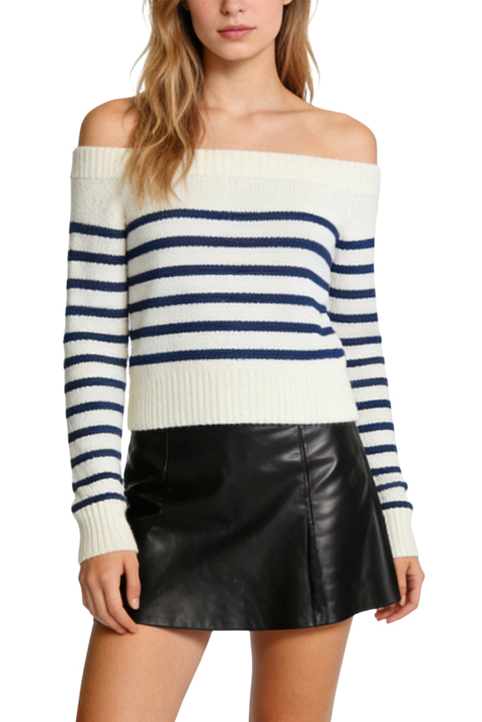 Women's Off-the-Shoulder Stripe Texture Cold Shoulder Casual Sweater