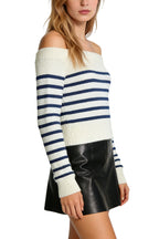 Women's Off-the-Shoulder Stripe Texture Cold Shoulder Casual Sweater