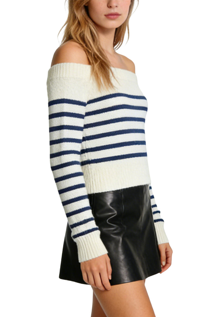Women's Off-the-Shoulder Stripe Texture Cold Shoulder Casual Sweater