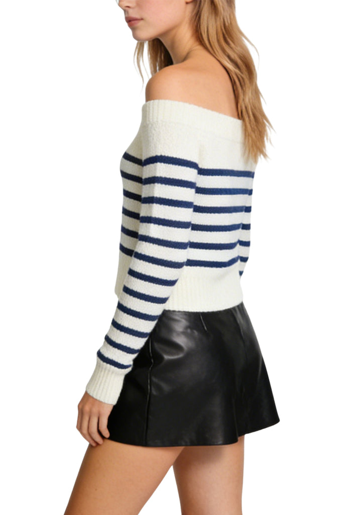 Women's Off-the-Shoulder Stripe Texture Cold Shoulder Casual Sweater