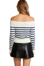 Women's Off-the-Shoulder Stripe Texture Cold Shoulder Casual Sweater