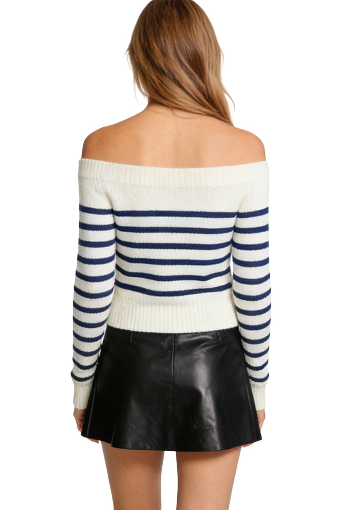 Women's Off-the-Shoulder Stripe Texture Cold Shoulder Casual Sweater