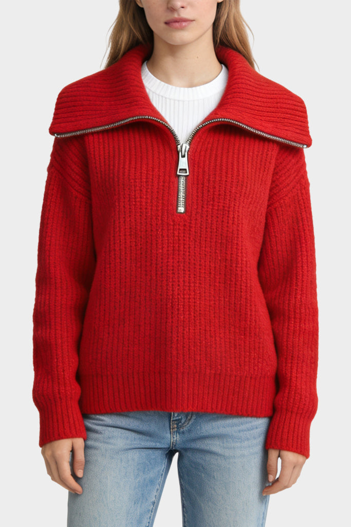 Women's Wide Collar Half-Zip Vertical Knit Casual Sweater