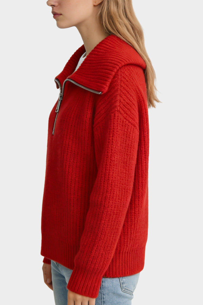 Women's Wide Collar Half-Zip Vertical Knit Casual Sweater