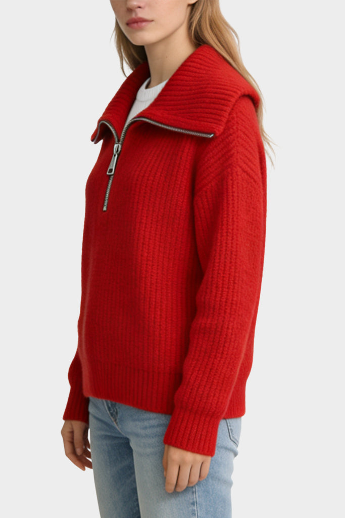 Women's Wide Collar Half-Zip Vertical Knit Casual Sweater