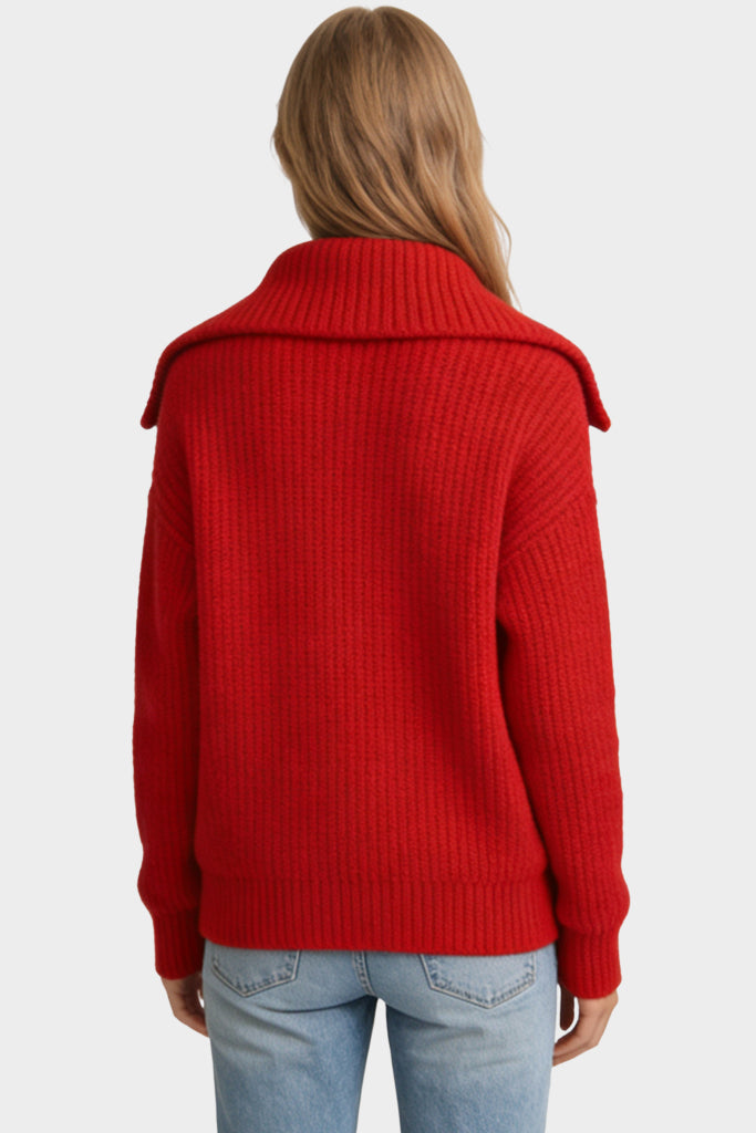 Women's Wide Collar Half-Zip Vertical Knit Casual Sweater