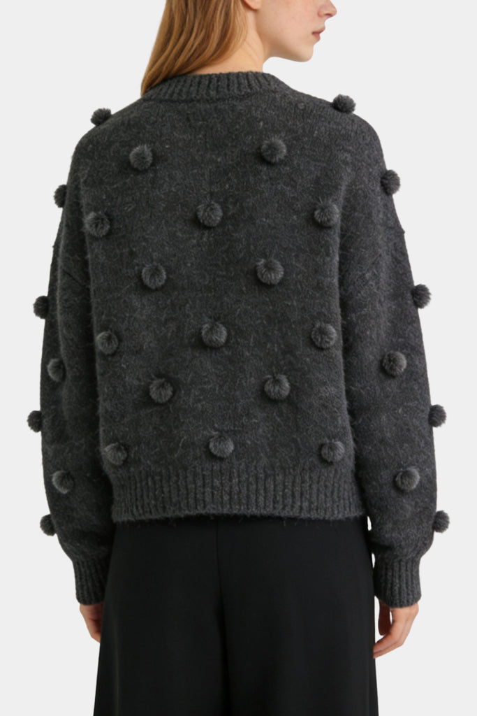 Women's Crew Neck 3D Pom-Pom Decor Loose Casual Sweater