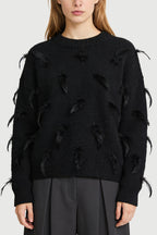 Women's Crew Neck Feather Decor Trendy Unique Loose Sweater