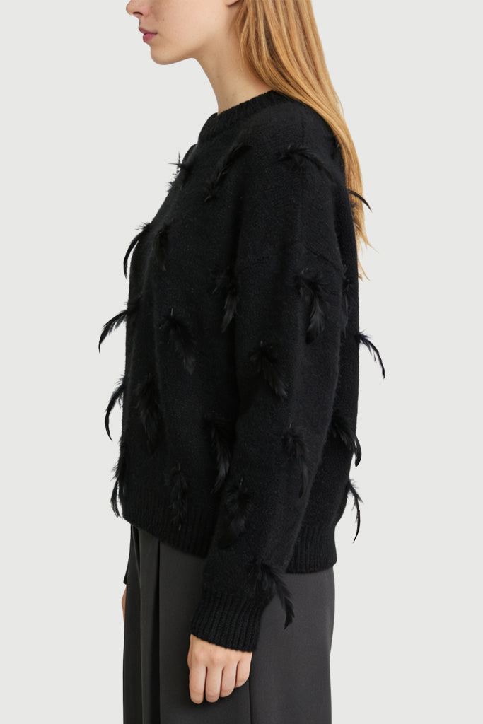Women's Crew Neck Feather Decor Trendy Unique Loose Sweater