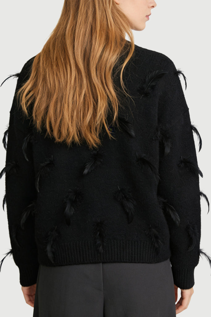 Women's Crew Neck Feather Decor Trendy Unique Loose Sweater