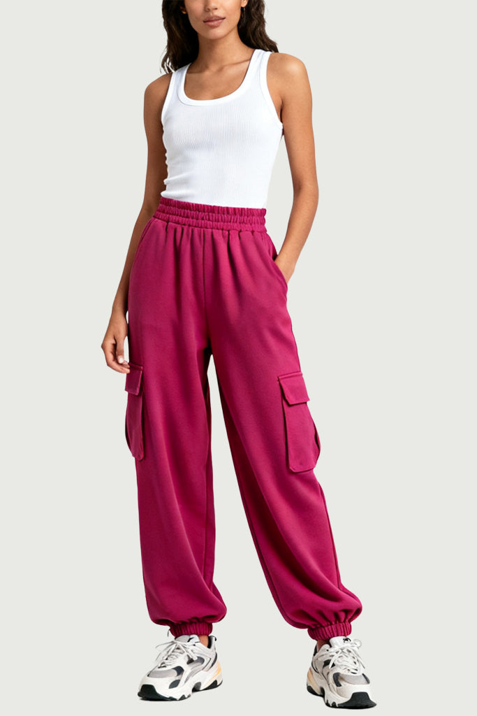 Bright Style Multi-Pocket Cuffed Wide-Leg Women's Sports Pants