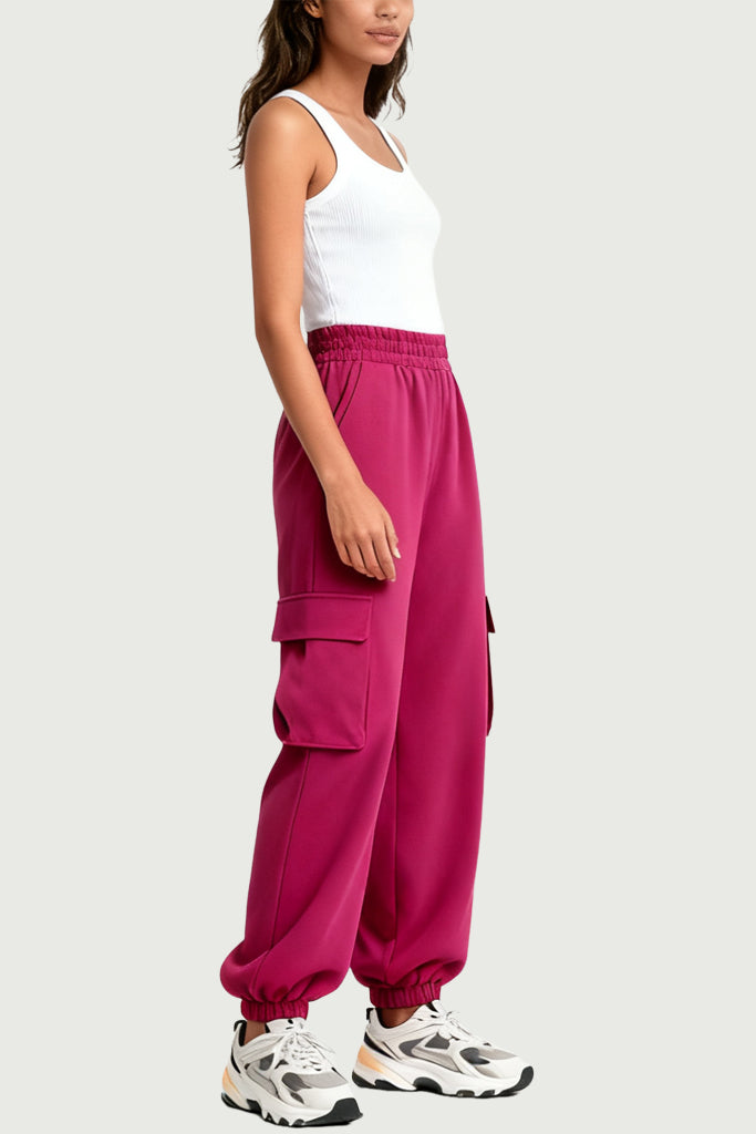 Bright Style Multi-Pocket Cuffed Wide-Leg Women's Sports Pants