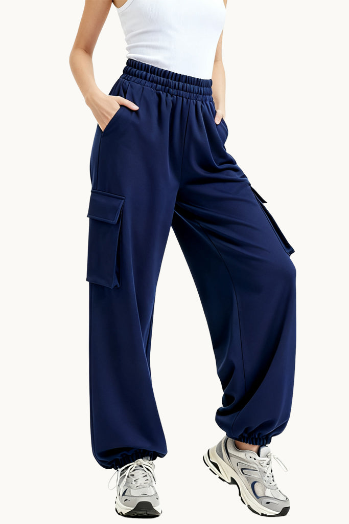 Multi-Pocket Cuffed High-Waist Drawstring Commuter Women's Sports Pants