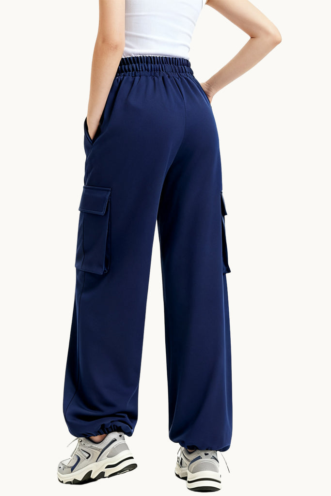 Multi-Pocket Cuffed High-Waist Drawstring Commuter Women's Sports Pants