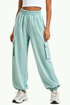 Multi-Pocket Cuffed Design High-Waist Drawstring Loose Women's Sports Pants