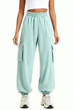Multi-Pocket Cuffed Wide-Leg High-Waist Drawstring Women's Sports Pants