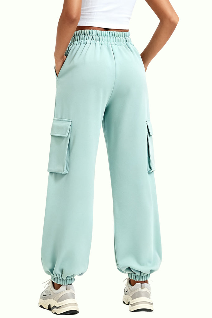 Multi-Pocket Cuffed Wide-Leg High-Waist Drawstring Women's Sports Pants