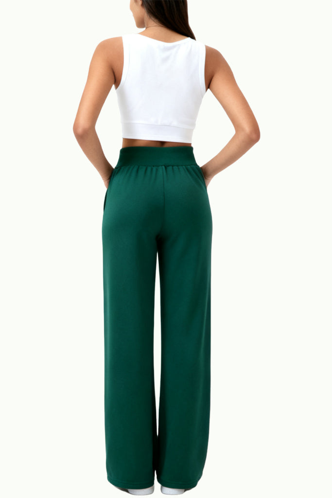 Women's Solid Color Elastic Waist Wide-Leg Comfortable Sports Pants