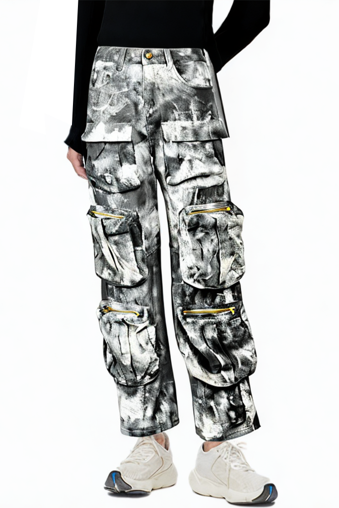Straight-leg Smoke Grey Wide-leg Jeans with Multiple Pockets