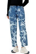 Popular Smoke Print Cotton High Waist Straight Jeans