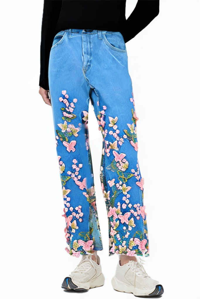 Butterfly Embroidery Patchwork All-match Fresh Jeans
