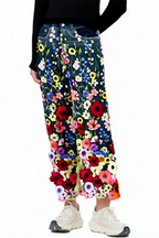 Dark Blue Straight-leg Jeans with Colorful Floral Embroidery