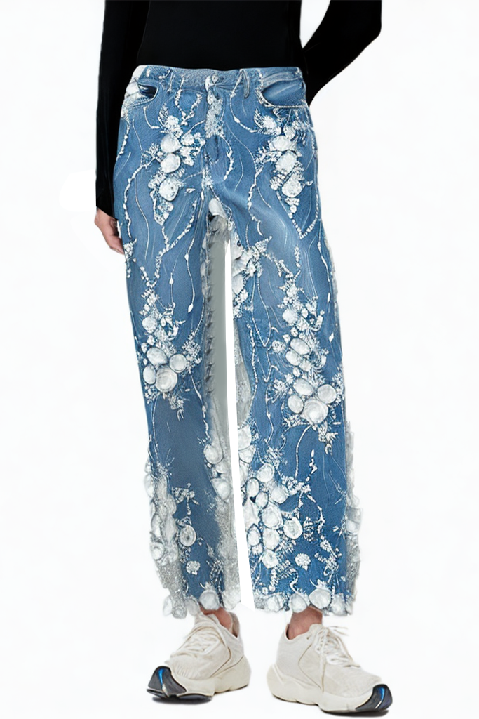 High Quality Vintage Fashion Embroidery Printed Straight Lace Jeans
