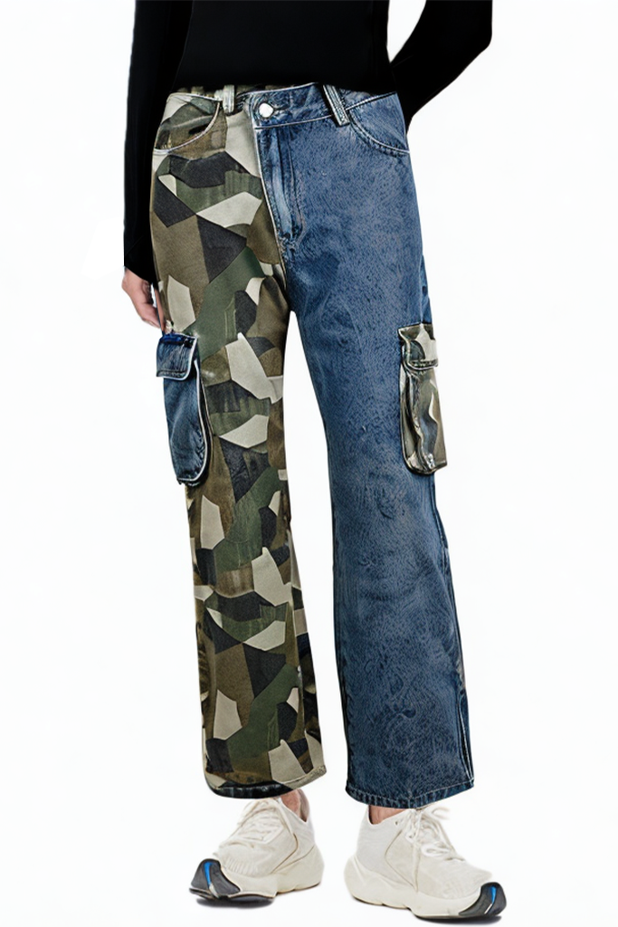 Women's Fashion High Waist Elastic Pocket Camouflage Jeans