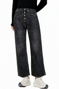 Fashion Loose Black Washed Button Wide Leg Jeans