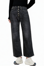 Fashion Loose Black Washed Button Wide Leg Jeans