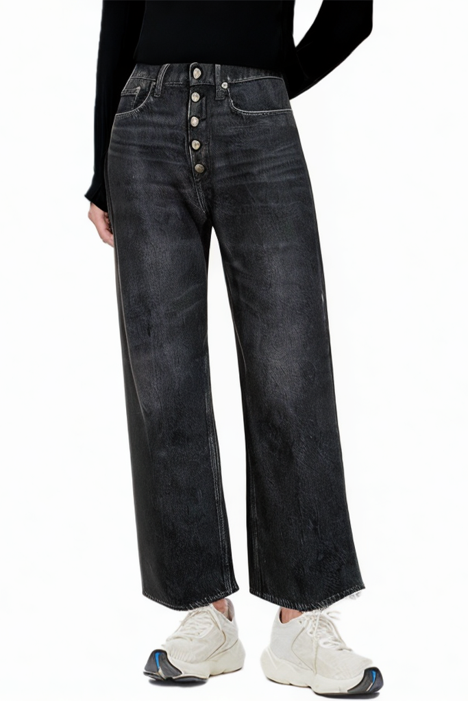 Fashion Loose Black Washed Button Wide Leg Jeans