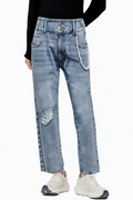 Pearl Embellished Skinny Blue Leg Zipper Placket Women's Jeans