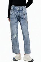 Pearl Embellished Skinny Blue Leg Zipper Placket Women's Jeans
