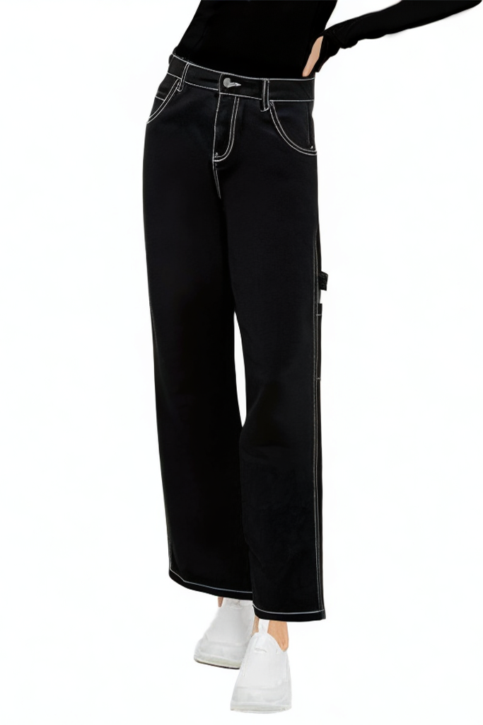 Black Loose Stretch Pants Ripped Jeans for Women
