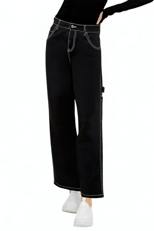 Black Loose Stretch Pants Ripped Jeans for Women