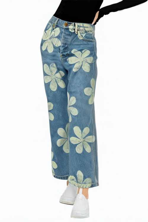 Blue Flower Print High Quality Women's Jeans