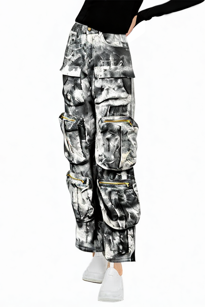 Straight-leg Smoke Grey Wide-leg Jeans with Multiple Pockets