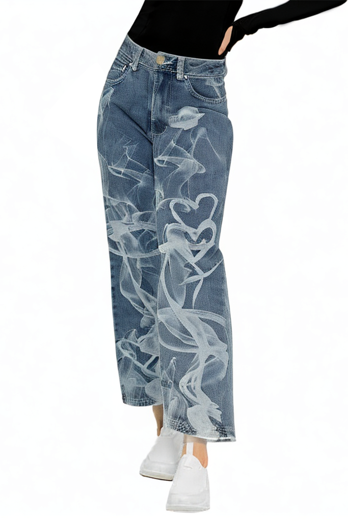 Popular Smoke Print Cotton High Waist Straight Jeans