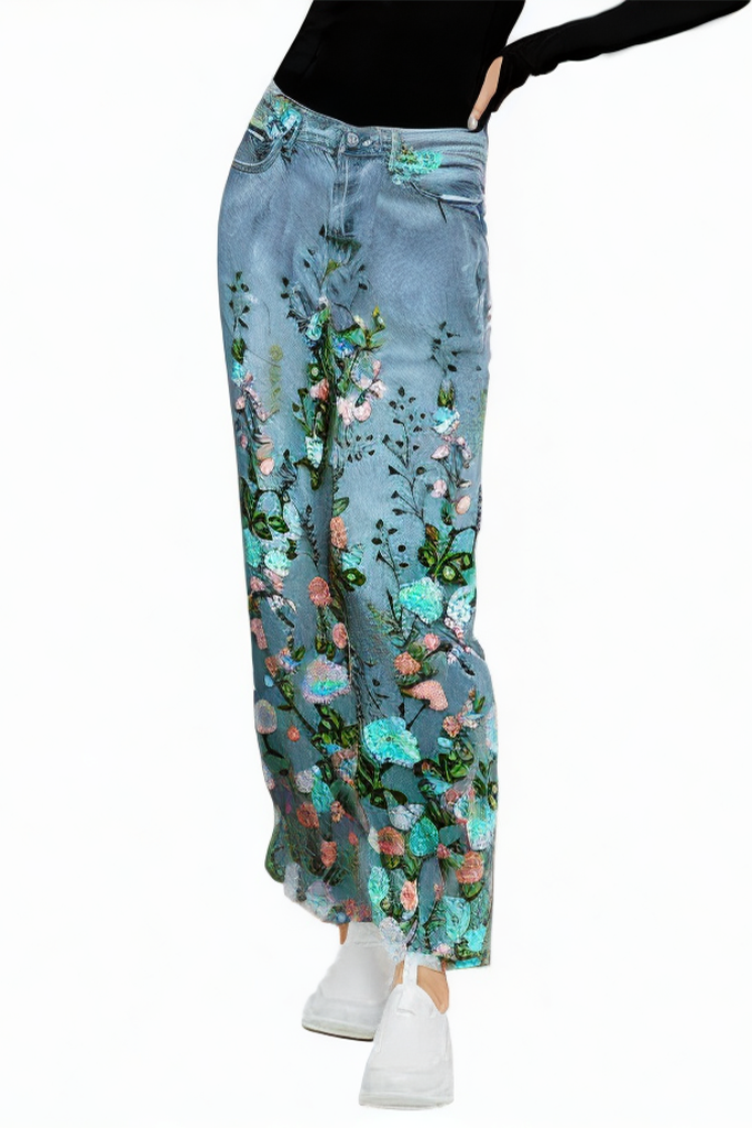 Blue Statement Jeans With Floral Embroidery