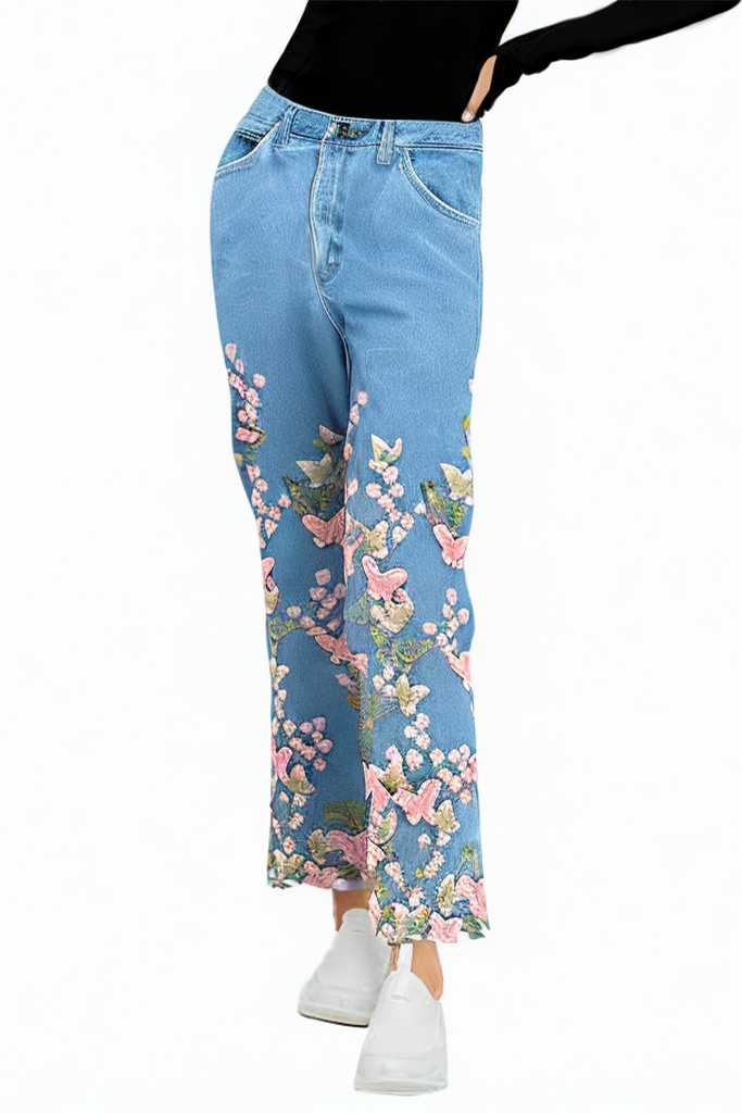 Butterfly Embroidery Patchwork All-match Fresh Jeans