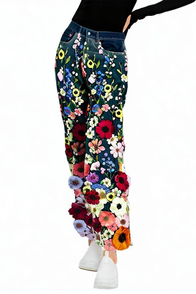 Dark Blue Straight-leg Jeans with Colorful Floral Embroidery