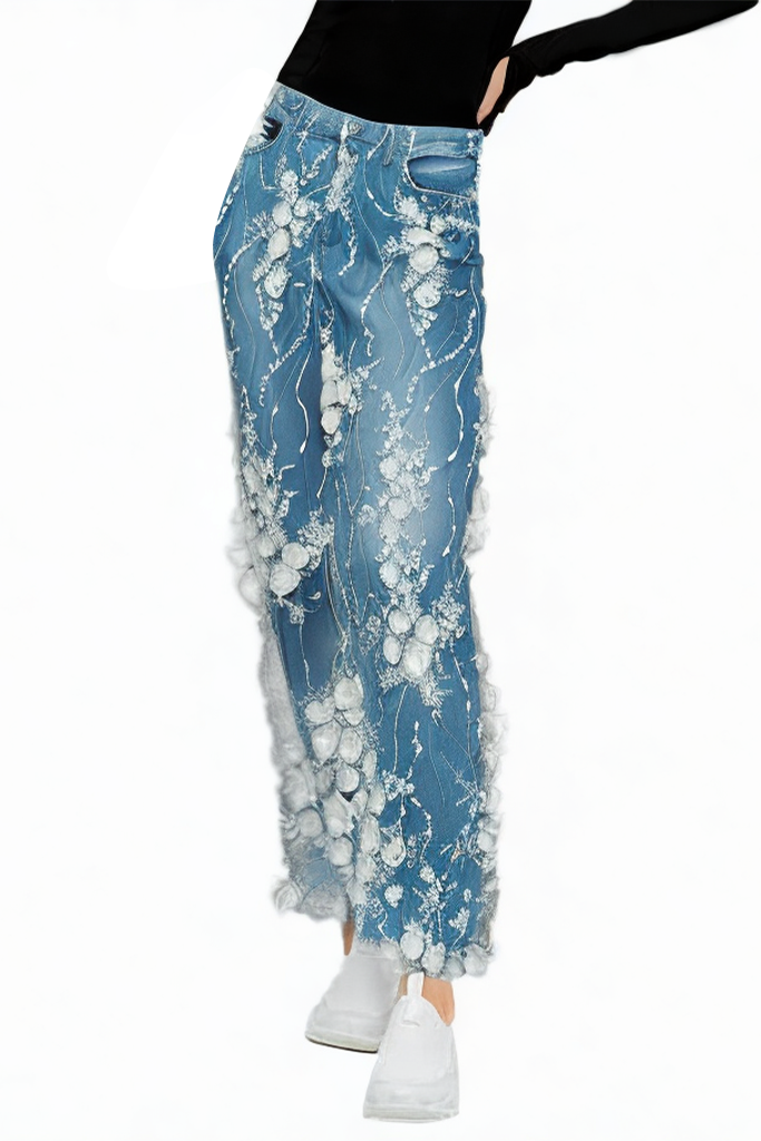 High Quality Vintage Fashion Embroidery Printed Straight Lace Jeans