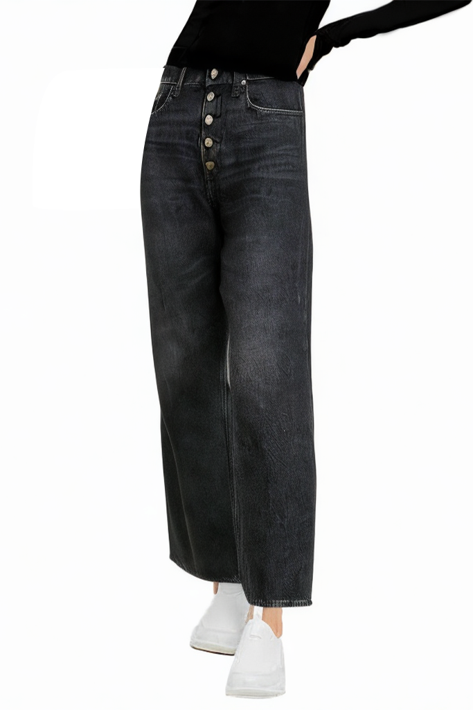 Fashion Loose Black Washed Button Wide Leg Jeans