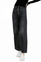 Fashion Loose Black Washed Button Wide Leg Jeans
