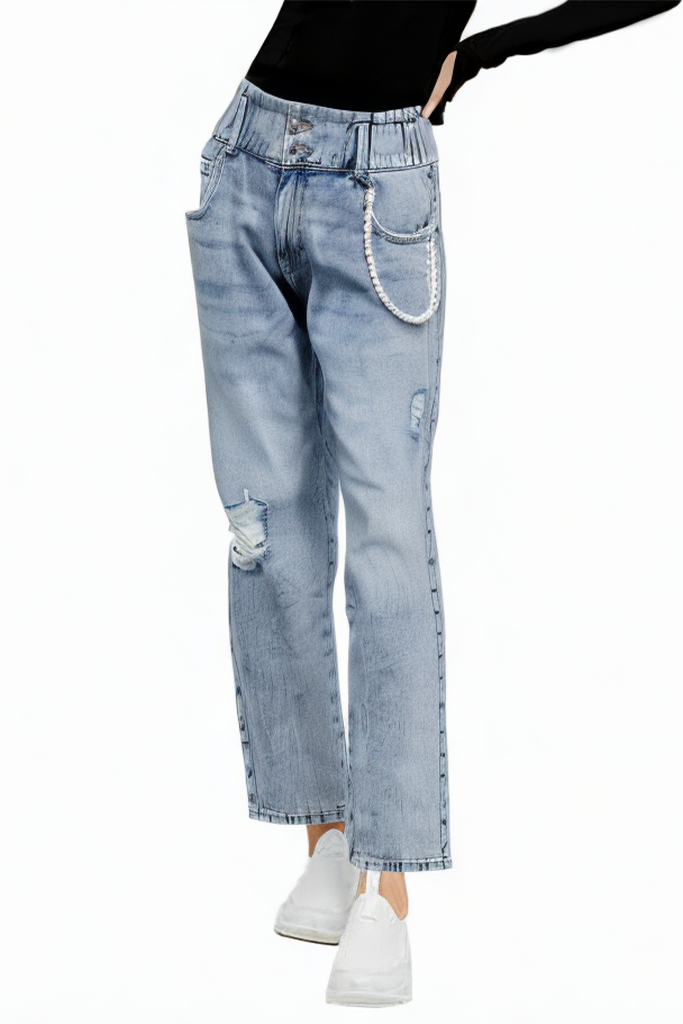 Pearl Embellished Skinny Blue Leg Zipper Placket Women's Jeans