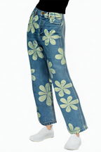 Blue Flower Print High Quality Women's Jeans